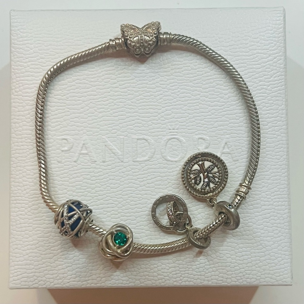 Authentic Pandora 8” (20cm) Pave Butterfly Clasp Moments Bracelet w/4 Charms
